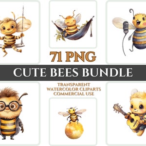Cute Funny Honey Bee Clipart Nursery Baby Kawaii Clipart Kid Craft Cartoon Watercolor Animal Portrait PNG Bundle Pet Lover Printable Art