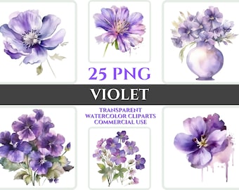 Watercolor Violet Clipart PNG Flower Blossom Image Romantic File Sublimation Wallart Digital Wedding Bouquet Colorful Vibrant Floral Art