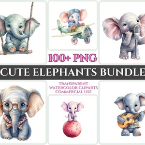 Niedliche Lustige Elefant Clipart Kinderzimmer Baby Kawaii Clipart Kid Handwerk Cartoon Aquarell Tier Portrait PNG Bundle Haustier Liebhaber druckbare Art File