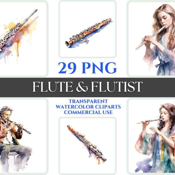 Sublimation Flute Playing Man Watercolor Clipart Flutist Woman Portrait Illustration Musical Instrument PNG Vibrant Digital Dynamic Image