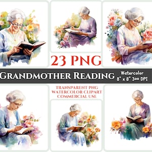 Abuela leyendo PNG acuarela clipart cristiana anciana retrato hermosa flor Biblia estudiando imagen floral imprimible regalo santo