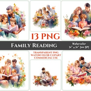 Familie Lesung PNG Aquarell Clipart Christian Paar Kind Porträt Schöne Blume Bibel Studie druckbare Blumenbild Geschenk Heilige Kunst