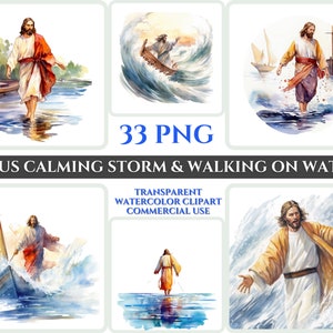 Jesus Walking on water Calming the Storm Clipart PNG Aquarell Christliche Clipart Abstraktes Bild Transparente Clipart Sublimation Sonntag Art