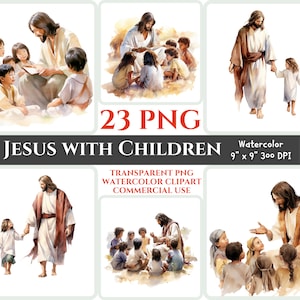 Jesus mit Kindern PNG Set 2 Aquarell Clipart Christian PNG Segen druckbare transparente liebevolle Cardmaking Sublimation Sonntag Wallart