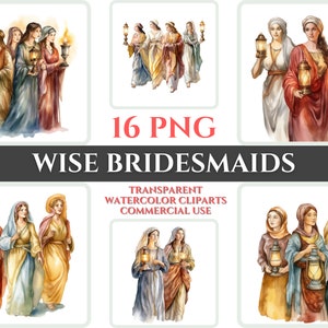 Sabias damas de honor Clipart PNG Paquete de acuarela Christian Clipart Set Lámpara virgen Imagen digital Biblia transparente Clipart Sticker Wallart