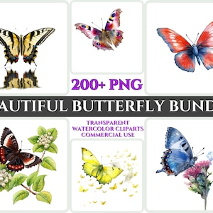 Colorido mariposa artesanía paquete imprimible clipart alas púrpuras insecto volando ilustración floral acuarela digital descargar archivo de imagen PNG