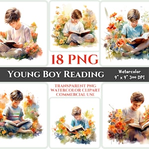 Niño leyendo PNG acuarela clipart niño cristiano retrato hermosa flor Biblia estudiando imagen floral imprimible regalo de arte pacífico