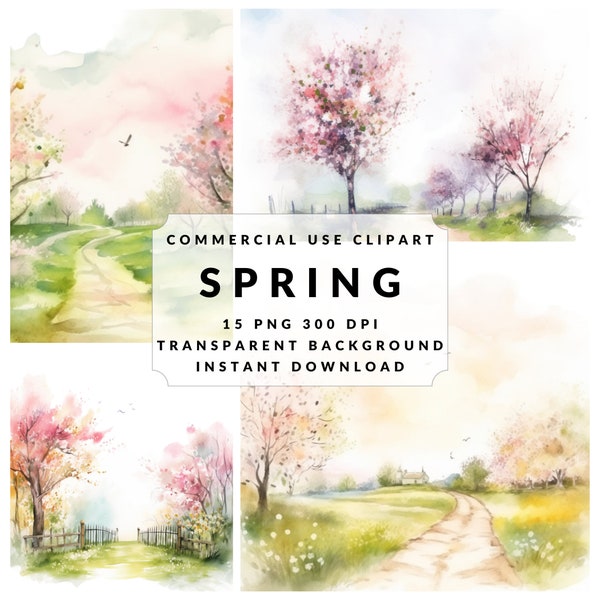 Spring PNG Clipart Watercolor Bundle Spring Transparent Spring Sticker Print Spring Design Wall Decor Spring Scrapbook Kid Craft Spring PNG