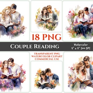 Coppia lettura PNG Clipart acquerello persone cristiane amore ritratto bellissimo fiore Bibbia studiando immagine floreale stampabile regalo arte sacra