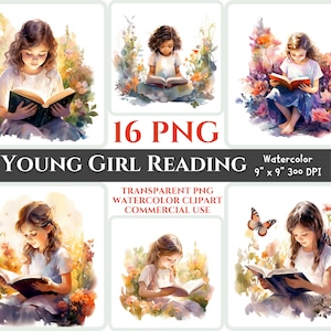 Jong meisje lezen PNG aquarel clipart christelijk meisje portret mooie bloem Bijbel studeren afdrukbare bloemen afbeelding vreedzaam cadeau heilig