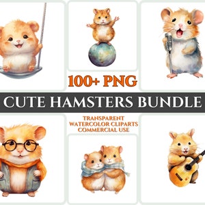 Lindo divertido hámster clipart vivero bebé Kawaii clipart niño artesanía dibujos animados acuarela animal retrato PNG paquete amante de las mascotas imagen de arte imprimible