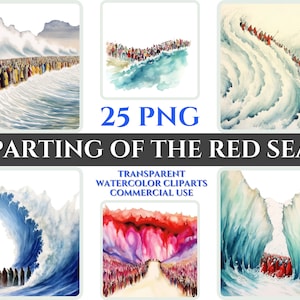 Acuarela Partida del Mar Rojo Clipart PNG Paquete Christian Abstract Clipart Set Milagro Imagen Digital Biblia Clipart Mar Rojo Tarjeta Wallart