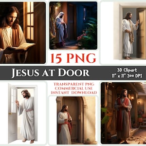 Jezus u drzwi PNG 3D Clipart Bundle Chrześcijańska torba projekt Kartka świąteczna Chrystus Plakat Nowoczesna sztuka ścienna Biblia Edukacja domowa Portret Pana
