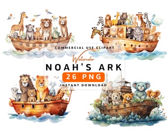 Noah&#39;s Ark Clipart PNG Watercolor Bundle Christian Clipart Set Ark Digital Image Transparent Bible Clipart Sticker Card Wallart