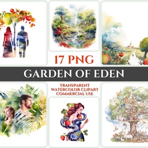 Garten Eden Clipart PNG Aquarell Bundle Christliche Clipart Abstraktes Bild Transparent Adam und Eva Clipart Sublimation Sonntag Wallart