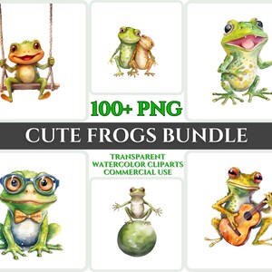 Lindo divertido rana clipart vivero bebé Kawaii clipart niño artesanía dibujos animados acuarela animal retrato PNG paquete amante de las mascotas imagen de arte imprimible