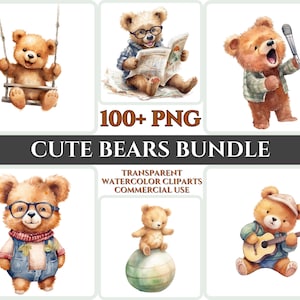 Schattige grappige beer clipart kwekerij baby kawaii clipart Kid Craft cartoon aquarel Cub PNG bundel dier download huisdier minnaar afdrukbaar bestand