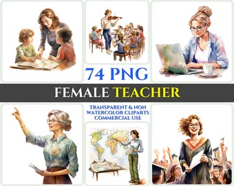 Watercolor Teacher Clipart: 74 PNG School Graphics (Digital Download)