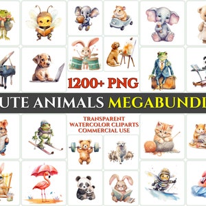Lindo divertido paquete de animales vivero bebé Kawaii Clipart niño artesanía dibujos animados acuarela perro rana gato oso conejito abeja panda elefante hámster PNG