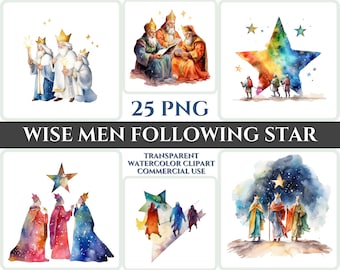Paquete de imágenes prediseñadas de acuarela de los Reyes Magos, PNG cristiano (descarga digital)