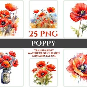 Watercolor Poppy Clipart PNG Flower Blossom Image Romantic File Sublimation Wallart Digital Wedding Bouquet Colorful Vibrant Floral Art