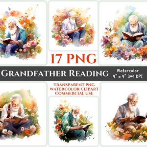 Großvater lesen PNG Aquarell Clipart Christian älterer Mann Portrait schöne Blume Bibel Studium druckbare Blumenbild Geschenk Holy