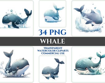 Clipart de ballena en acuarela, paquete PNG de arte infantil (descarga digital)