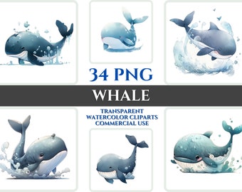 Watercolor Whale Clipart Whale PNG Bundle Whale Wallart Gift For Nursery Digital Clipart Whale Wall Decor Transparent Watercolor Clipart Kid