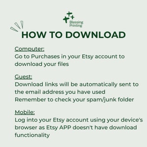 Puede incluir: Texto verde sobre fondo blanco con las palabras "HOW TO DOWNLOAD" en letras grandes y negritas. Se enumeran instrucciones para descargar archivos digitales de Etsy para usuarios de computadora, invitados y m&oacute;viles.
