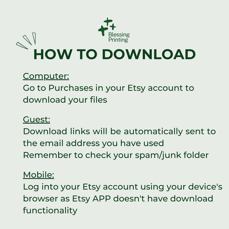Puede incluir: Texto verde sobre fondo blanco con las palabras "HOW TO DOWNLOAD" en letras grandes y negritas. Se enumeran instrucciones para descargar archivos digitales de Etsy para usuarios de computadora, invitados y m&oacute;viles.
