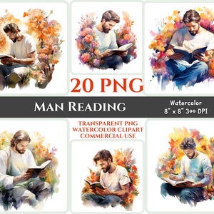 Mężczyzna czytający Biblię PNG Akwarela Clipart Chrześcijański facet Portret czytający w pięknej Biblii kwiatowej studiującej wydrukowany obraz kwiatowy prezent