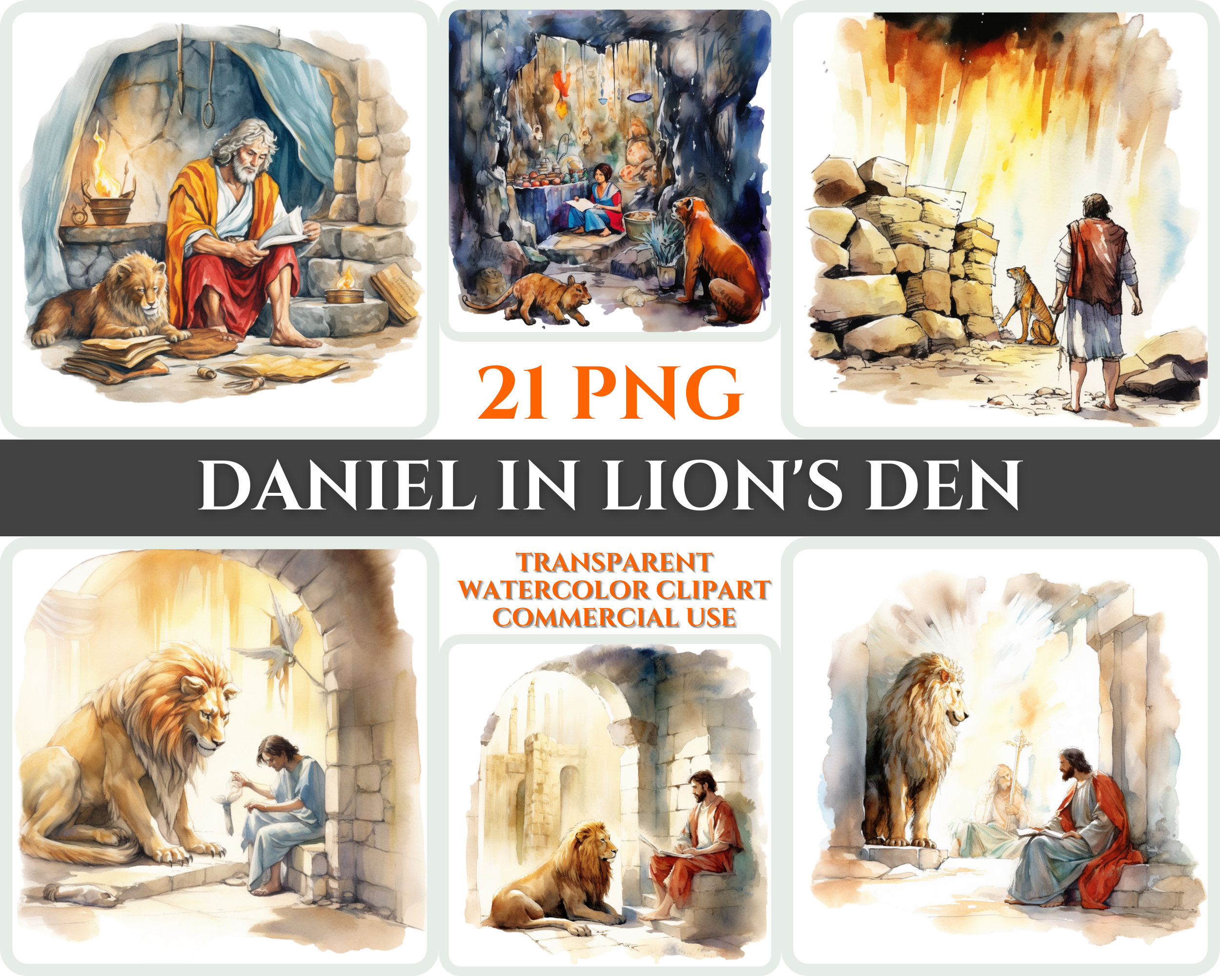 Daniel in Lion's Den Clipart PNG Watercolor Bundle Christian Clipart Abstract Image Transparent Angel Clipart Sublimation Sunday Wallart