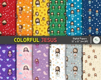 Christian Digital Paper Set Colorful Jesus Seamless Pattern Christmas Scrapbook Printable Wallpaper Thanksgiving Background Gift Wrap Design