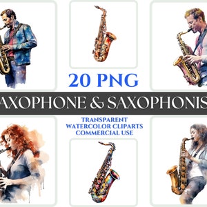 Sassofono espressivo che suona uomo Acquerello Clipart Sassofonista Donna Ritratto Illustrazione Strumento musicale PNG Vibrante Dinamica digitale