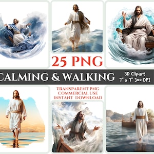 Jesus Walking on water Calming the storm PNG 3D Christian Clipart Miracle Sea Image Transparent Bible Clipart Sunday Printable Wallart