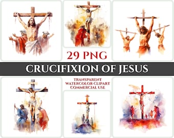 Paquete de imágenes prediseñadas de acuarela de la Crucifixión de Jesús (descarga digital PNG)