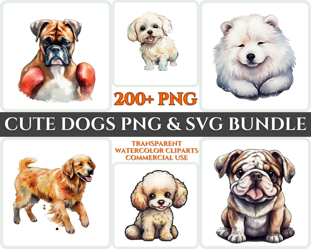 Cute Dog Breeds Watercolor Clipart Bundle, Animal SVG & PNG (digital ...
