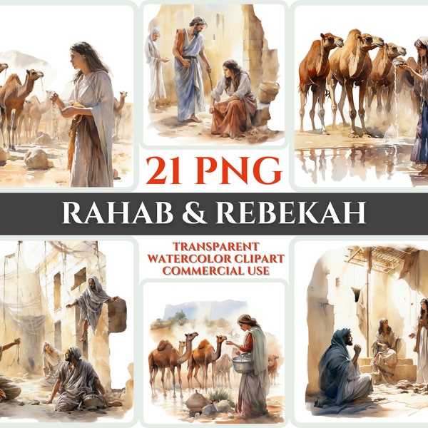 Rahab Rebekah PNG Clipart Watercolor Christian Gift Clipart Bible Spy Image Transparent Watering Camel Clipart Sublimation Sunday Wallart