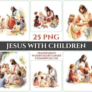 Jesus mit Kindern Clipart PNG Aquarell Bundle Christliche Clipart Abstraktes Bild Transparent Liebende Clipart Sublimation Sonntag Wallart