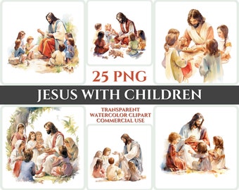 Jesus with Children Clipart PNG Watercolor Bundle Christian Clipart Abstract Image Transparent Loving Clipart Sublimation Sunday Wallart