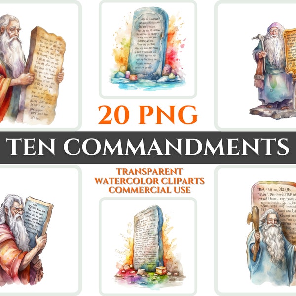 Ten Commandments Clipart PNG Watercolor Bundle Christian Clipart Set Moses Digital Image Transparent Bible Clipart Sticker Card Wallart