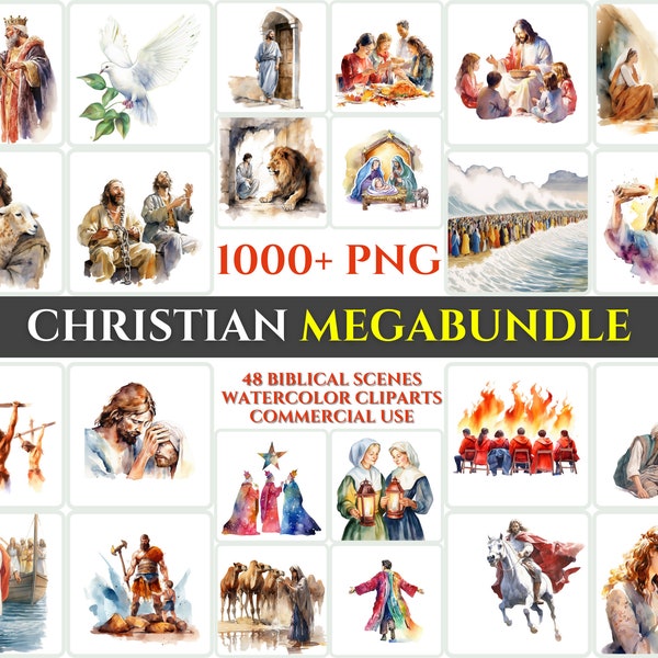 Christian Watercolor Clipart MegaBundle Spiritual Jesus PNG Bible PNG Holy Miracle Sunday Print Digital Baptism Gift for Children and Kids