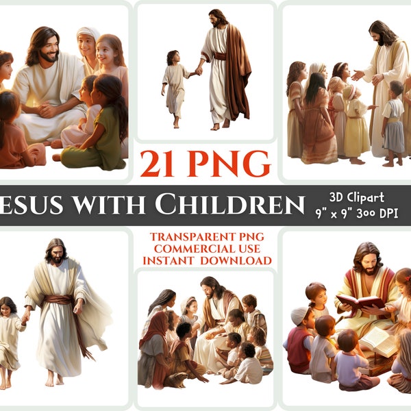 Jesus with Children PNG 3D Clipart Bundle Christian PNG Image Transparent Loving Bible Jesus PNG Sunday Kid Christian Printable Wallart