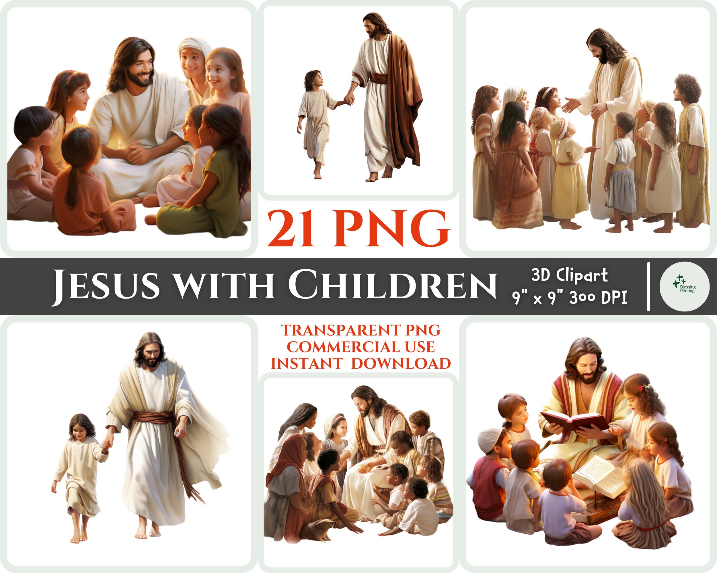 Jesus with Children PNG 3D Clipart Bundle Christian PNG Image Transparent Loving Bible Jesus PNG Sunday Kid Christian Printable Wallart