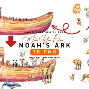 Make Your Own Noah&#39;s Ark Clipart PNG Watercolor Bundle Christian Clipart Set Ark Digital Image Transparent Bible Clipart Wallart Craft Set