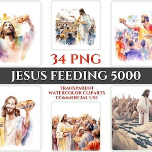 Acquerello Gesù alimentazione 5000 Clipart PNG Bundle Christian astratto Clipart Set miracolo immagine digitale Bibbia Clipart pane pesce carta Wallart