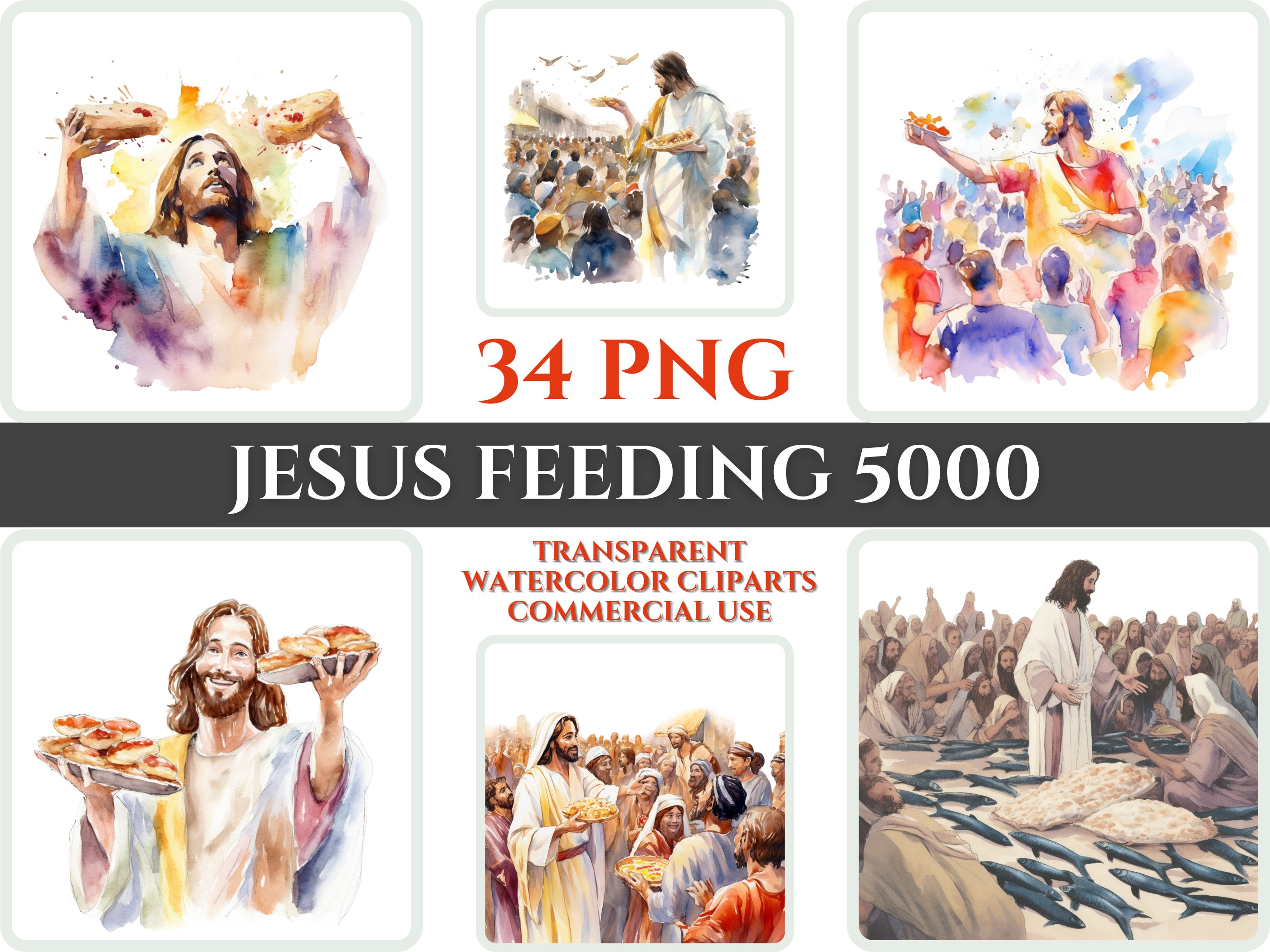 Watercolor Jesus Feeding 5000 Clipart PNG Bundle Christian Etsy