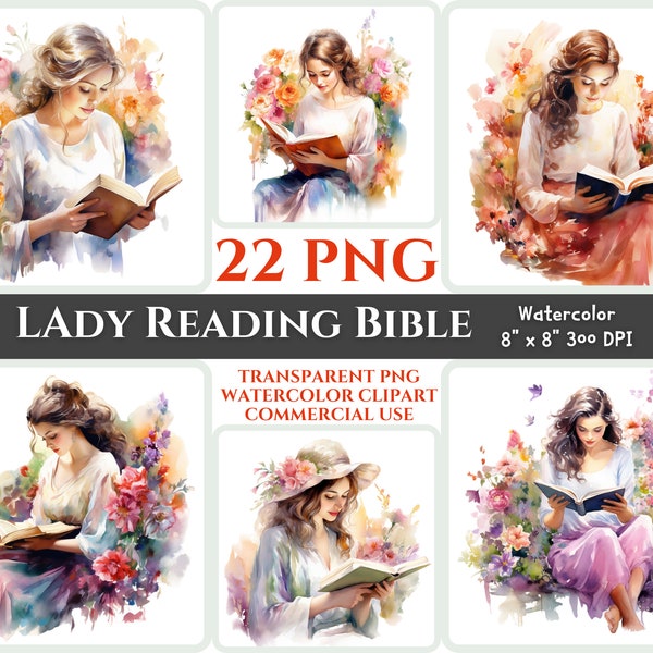 Señora leyendo Biblia PNG Clipart de acuarela Mujer cristiana Retrato Hermosa flor Estudiando Imagen floral imprimible Espíritu Santo pacífico