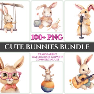 Lindo divertido conejito clipart vivero bebé Kawaii clipart niño artesanía dibujos animados acuarela conejo PNG paquete animal descargar amante de las mascotas archivo imprimible