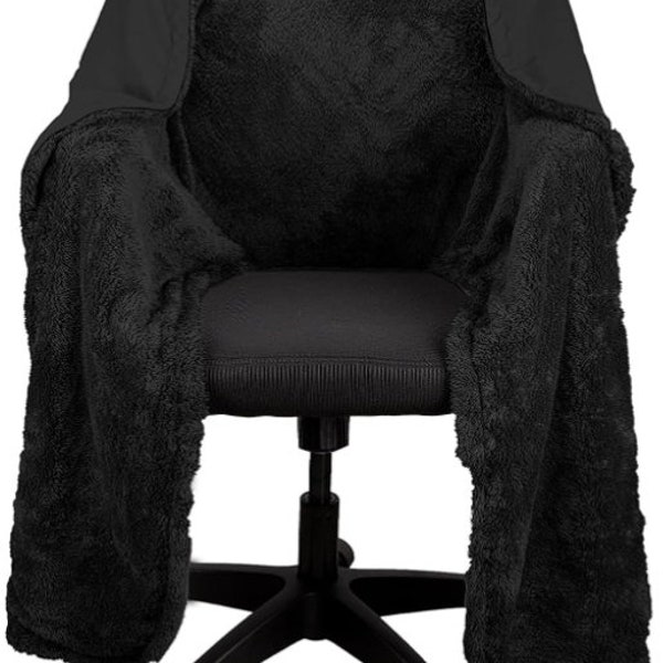 The Original Office Chair Blanket by SnuggleBack; Comfy Office Desk Chair Wrap Attaches for Convenient Warmth- Black Fleece with Sherpa